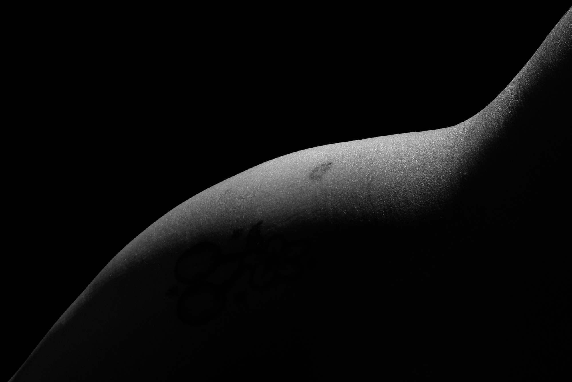 A softly lit black and white image of a curve of the body moving from the upper right corner of the screen to the lower left. The doagonal parts are a sharp angle, and the curve moves up and down at a lazy angle. A small heart tattoo can be seen, but there is no indication of what prt of the body this is from.